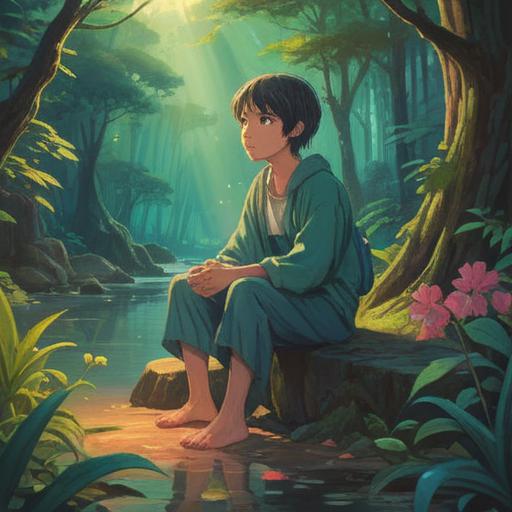 A serene and introspective illustration, depicting a person sitting in a tranquil environment, surrounded by soothing nature, ethereal light illuminating their face, symbolic elements representing spiritual healing, subtle energy flow around the person, a sense of calmness and reflection, soft pastel colors, delicate details, harmonious atmosphere, 4k