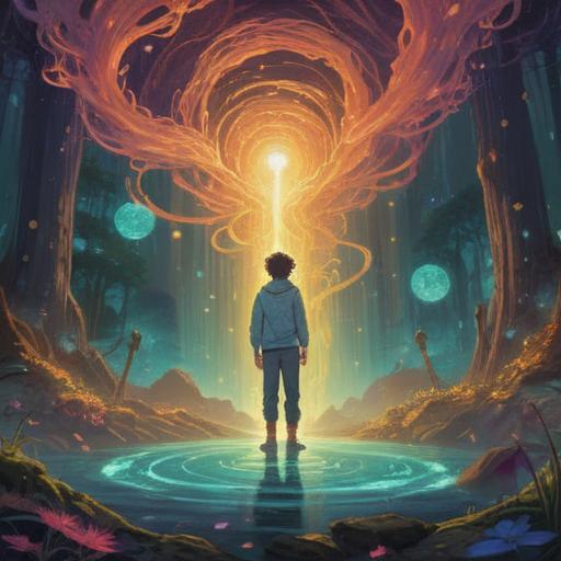 A mystical interpretation of a person experiencing physical discomfort, surrounded by ethereal light, subtle energies swirling around them, symbolizing healing and inner peace, serene expression on their face, soft natural elements like plants and crystals, representing spirituality and growth, calming atmosphere, vibrant colors, 4k