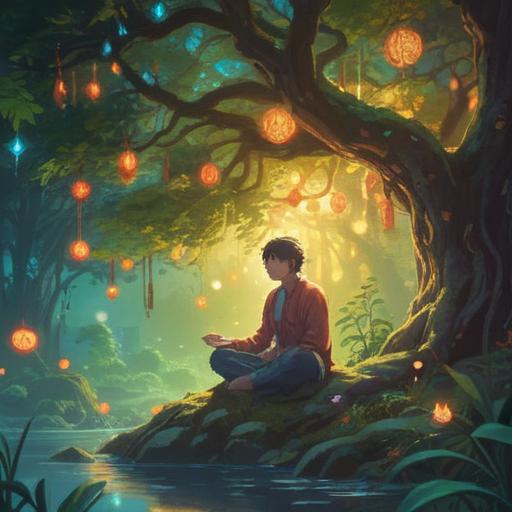 A serene and introspective scene depicting a person meditating under a large tree, surrounded by floating symbols representing health and spirituality, gentle sunlight filtering through the leaves, a sense of calm and awareness, vibrant colors, nature elements like flowers and butterflies, capturing the essence of spiritual signs related to health, 4k