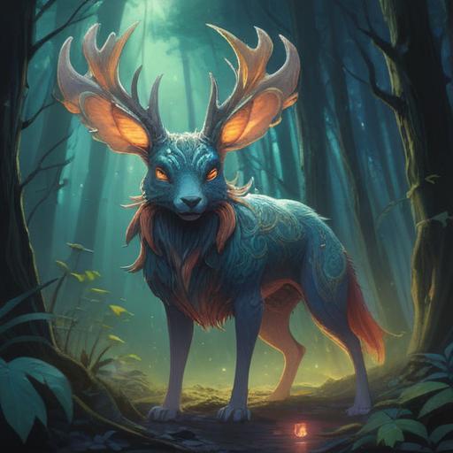 A mystical illustration of a standing-eared creature, ethereal atmosphere, surrounded by glowing orbs, representing spiritual insight, lush forest backdrop, soft light filtering through trees, intricate details in fur texture, serene expression, evoking a sense of tranquility, vibrant colors, 4k