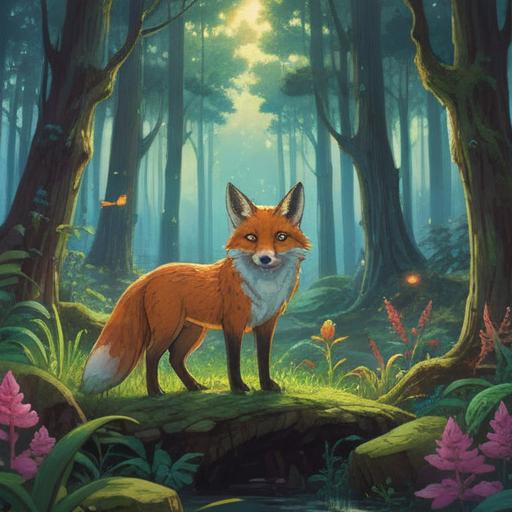 A serene illustration of a peaceful forest glade, standing tall with various animals, especially a majestic fox with standing ears, glowing softly in the sunlight, surrounded by ethereal light orbs, symbolizing spiritual signs, lush greenery, gentle stream flowing nearby, tranquil atmosphere, inviting nature, vivid colors, 4k