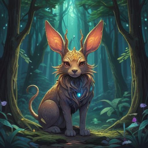An illustration of a mystical creature with upright ears, surrounded by glowing spiritual symbols, serene forest background, ethereal light filtering through the trees, gentle colors, an aura of tranquility, detailed textures, inviting atmosphere, capturing the essence of mindfulness, 4k