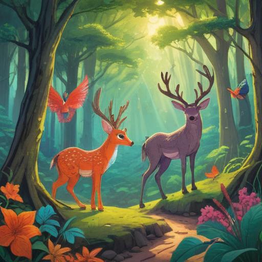 A charming illustration of a lucky symbol featuring standing-eared animals, vibrant colors, enchanting forest background, sunlight filtering through trees, playful expressions, whimsical atmosphere, rich details, 4k