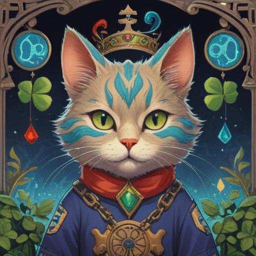 A charming illustration of a cat with erect ears, surrounded by symbols of good luck such as four-leaf clovers and horseshoes, bright colors, a whimsical background with a sunny sky and blooming flowers, cheerful atmosphere, playful character design, 4k