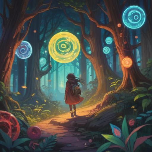 A surreal and ethereal scene depicting a person experiencing dizziness, surrounded by colorful energy orbs representing spiritual signs, a mystical forest in the background, subtle light rays penetrating through the trees, vibrant colors, a gentle breeze indicated by floating leaves, an aura of tranquility and awareness, insightful expression on the person's face, 4k