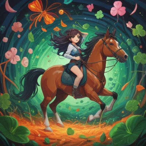 A whimsical and surreal illustration depicting a person experiencing dizziness, surrounded by vibrant lucky items like four-leaf clovers, vibrant horseshoes, and shimmering coins, an ethereal glow emanating from the objects, dreamy background with floating clouds and sparkles, a sense of wonder and serendipity, colorful and imaginative style, 4k