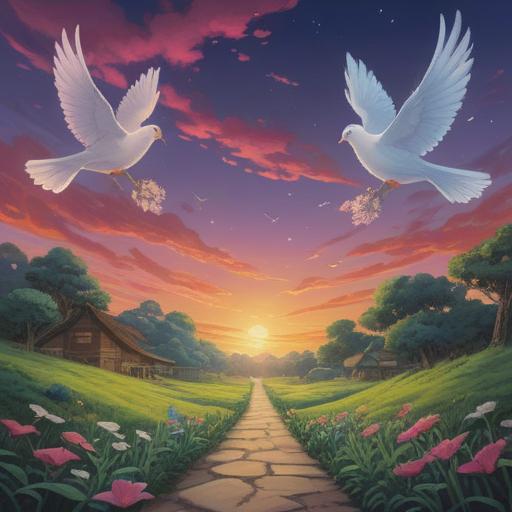 A serene and contemplative scene illustrating spiritual growth despite a stagnant relationship, symbolic elements like doves representing peace, a gentle light shining through clouds, a person meditating surrounded by nature, ethereal aura, vibrant colors, harmonious atmosphere, indicating hope and resilience, 4k