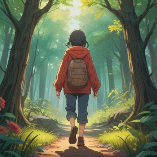 A serene illustration depicting a person standing at a crossroads, symbolizing new beginnings, soft sunlight filtering through trees, a sense of calm and reflection, an open path ahead, emotional resilience, a light backpack suggesting readiness for change, vibrant nature surrounding, conveying hope and renewal, 4k