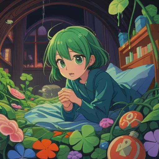 A surreal illustration of a person waking up after dreaming of a divorce, surrounded by lucky items like a four-leaf clover, a horseshoe, and a lucky cat, dreamy atmosphere, soft hazy colors, symbolism of hope and new beginnings, emotional expression on the person's face, intricate details in the lucky items, whimsical background, 4k