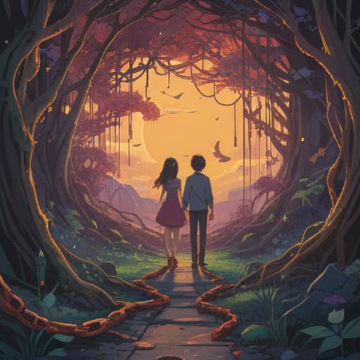 A serene illustration depicting the spiritual journey of divorce and reconciliation, symbols of broken chains representing separation, intertwined paths symbolizing the possibility of reunion, soft light illuminating the scene, diverse nature surrounding the journey, depicting emotional healing, ethereal visuals capturing the essence of growth and transformation, 4k