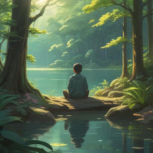 A serene scene depicting a person meditating by a tranquil lake, surrounded by lush greenery, soft rays of sunlight filtering through the trees, symbolic elements like butterflies and blooming flowers representing transformation and renewal, a feeling of peace and enlightenment, reflecting on personal growth and new beginnings, 4k