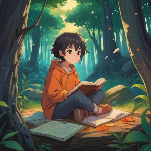 A motivational and calming illustration of someone reflecting in a serene setting, surrounded by nature, gentle sunlight filtering through trees, a journal open on their lap, symbols of love and reconciliation softly appearing in the background, a peaceful expression on their face, vibrant greenery, soft colors, 4k