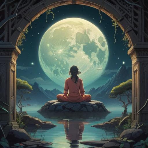 A serene and contemplative scene depicting a person meditating under a full moon, ethereal light illuminating the surroundings, symbols of spiritual signs gently floating around, such as feathers and hearts, a tranquil forest setting, soft pastel colors, hint of dawn breaking in the background, calm and introspective atmosphere, 4k