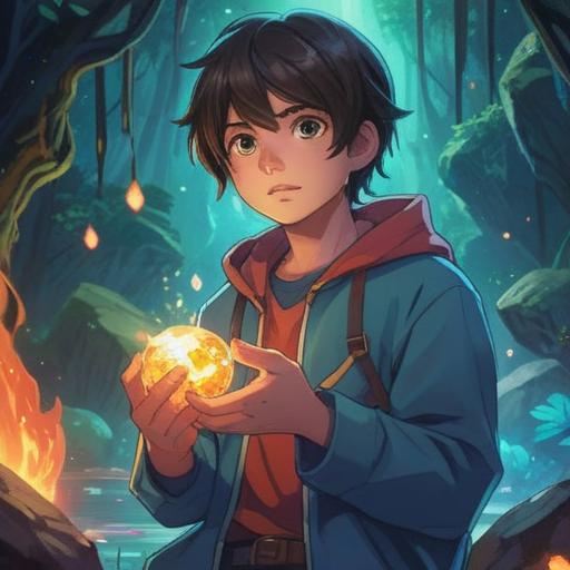 A vibrant and mystical scene, a young person holding a sparkling lucky stone, surrounded by bright light and shimmering particles, symbolizing new beginnings, lush green landscape in the background, clear blue sky, hopeful atmosphere, intricate details, 4k