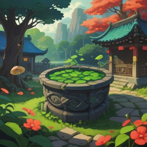 A symbolic illustration of lucky items for improving fortune after a divorce, featuring a vibrant four-leaf clover, a wishing well, and a vibrant red string tied to a heart, surrounded by a serene landscape with soft light, encouraging atmosphere, detailed textures, inspirational and hopeful mood, 4k