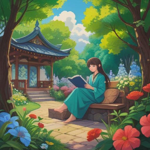 A serene scene depicting a person sitting in a tranquil garden, surrounded by blooming flowers and gentle trees, deep in thought, a journal and pen in hand, symbolizing reflection and clarity, sunlight filtering through the leaves, peaceful and inspiring atmosphere, 4k