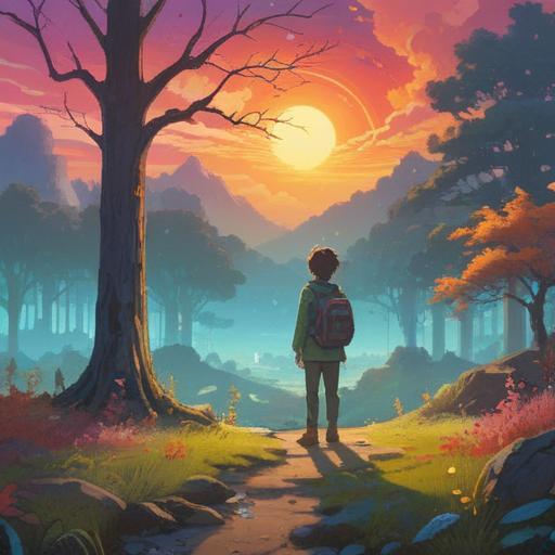 A serene landscape illustration, a person standing at a crossroads, symbolic signs appearing in the sky, ethereal light shining through trees, vibrant colors, a gentle breeze, emotional expression on the person's face, spiritual symbols subtly integrated, 4k