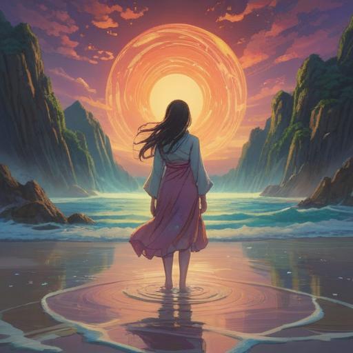 A serene illustration depicting a person standing at a distance from another figure, soft ethereal glow, symbolic representation of spiritual separation, gentle waves of energy flowing between them, tranquil landscape in the background, trees gently swaying, a sense of inner peace and reflection, warm light filtering through clouds, 4k