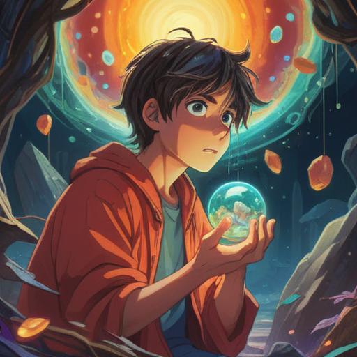 A mystical scene depicting a person finding a lucky stone, glowing softly in their hand, surrounded by swirling colors, symbolizing hope and transformation, a vibrant forest background with sunlight filtering through trees, an expression of joy and surprise on the person's face, whimsical and enchanting atmosphere, magic and positivity, 4k