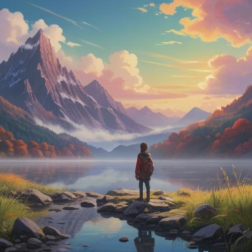 A serene and introspective scene, depicting a person standing at the edge of a tranquil lake, surrounded by misty mountains, soft light breaking through the clouds, symbols of transformation like butterflies and blooming lotus flowers, ethereal energy filling the air, a sense of peace and enlightenment, a spiritual journey following betrayal, vibrant colors, calming atmosphere, reflective water, 4k