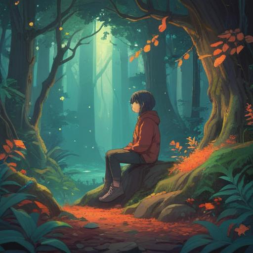 A serene nature scene depicting a person sitting alone in a tranquil forest, observing subtle signs such as falling leaves, a twinkling light through the trees, and a gentle breeze, hinting at the importance of intuition and awareness, surrounded by vibrant greenery, soft sunlight filtering through the branches, a peaceful atmosphere, symbolic elements representing trust and vulnerability, 4k