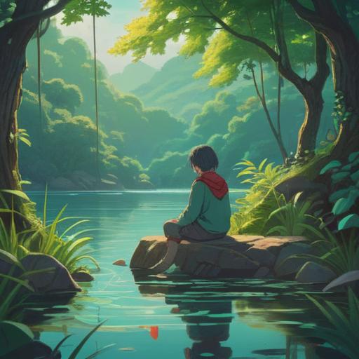 A serene, introspective scene depicting a person sitting by a tranquil lake, surrounded by lush greenery, soft ripples on the water's surface reflecting sunlight, a gentle breeze rustling the leaves, the person gazing thoughtfully at their reflection, symbolizing self-discovery and inner peace, ethereal light filtering through the trees, a sense of calm and acceptance, 4k