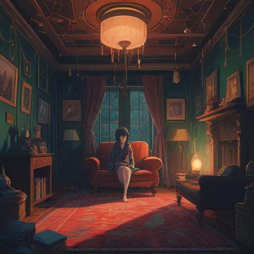 A surreal illustration depicting a person sitting in a dimly lit room, surrounded by shadowy figures representing anxiety and doubt, ethereal lights flickering in the background, symbolic objects like broken clocks and fading memories scattered around, an owl perched quietly, watching over the scene, conveying a sense of introspection and spiritual awareness, vivid colors blending with darker tones, intricate details in the expressions of the figures, 4k