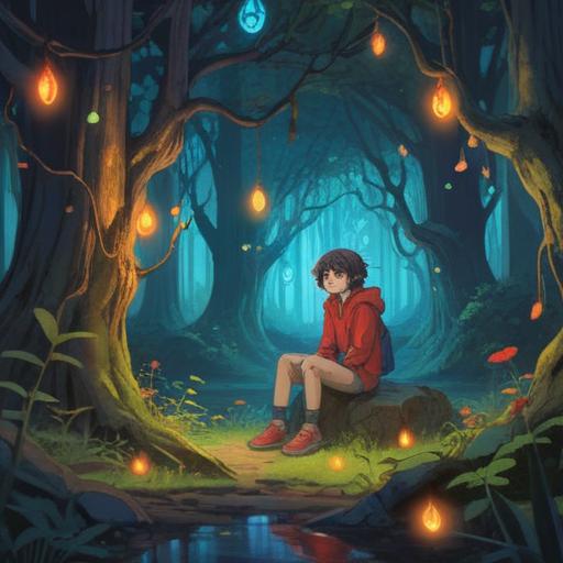 A mystical illustration depicting a person sitting alone in a serene forest, surrounded by ethereal lights and floating numbers, embodying the concept of a spiritual lucky number, soft and calming color palette, dreamlike atmosphere, detailed lush greenery, reflective expression, hints of spirituality, 4k
