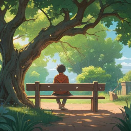 A comforting and serene illustration, a person sitting on a bench under a large tree, conveying a sense of tranquility, soft sunlight filtering through the leaves, a gentle breeze rustling the branches, open notebook on their lap, thoughtful expression, supportive whispers represented as gentle swirls of light, calming colors, conveying emotional resilience, 4k