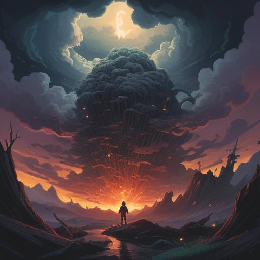 A surreal illustration depicting a person experiencing frustration, emotional turmoil, and enlightenment, symbolic representations of anger manifesting as dark clouds, light breaking through the clouds as a sign of hope, a serene landscape in the background, vibrant colors contrasting with dark tones, expressive facial expressions, 4k