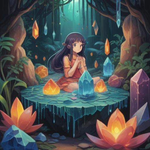 A serene and calming illustration of various crystals known for their soothing properties, vibrant colors, intricate details of each crystal, peaceful setting with soft lighting, surrounded by gentle plants and flowers, evoking a sense of tranquility and healing, perfect for relieving stress and anger, 4k