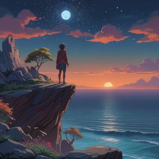 A serene and introspective landscape, a solitary figure standing on a rocky cliff, gazing at a vast ocean under a starry night sky, symbols of isolation and introspection, ethereal glow surrounding the figure, wisps of mist rising, deep connection to the universe, emotional depth, tranquil mood, 4k