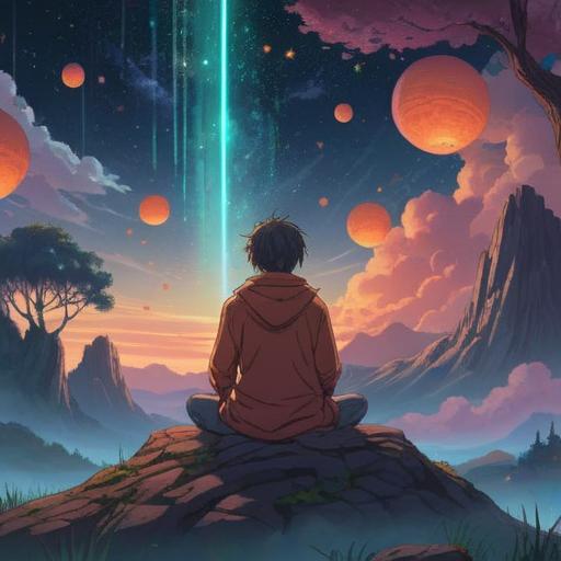 A serene landscape depicting solitude, a person meditating under a vast starry sky, ethereal light surrounding them, symbols of growth and introspection, gentle waves reflecting the moonlight, peaceful atmosphere, natural elements representing inner strength, harmonious colors, 4k