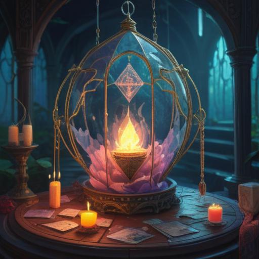 A serene and mystical illustration, featuring a glowing crystal pendant, surrounded by ethereal light, symbolic objects like tarot cards and incense, an aura of tranquility and introspection, lush greenery in the background, soft pastel colors, capturing the essence of spiritual guidance and inner peace, 4k