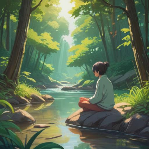 A serene illustration depicting a tranquil landscape, a person meditating by a gentle stream, surrounded by lush greenery and soft sunlight filtering through the leaves, peaceful ambiance, symbols of spirituality like lotus flowers and gentle light orbs, inviting atmosphere, vibrant colors, calming scenery, 4k