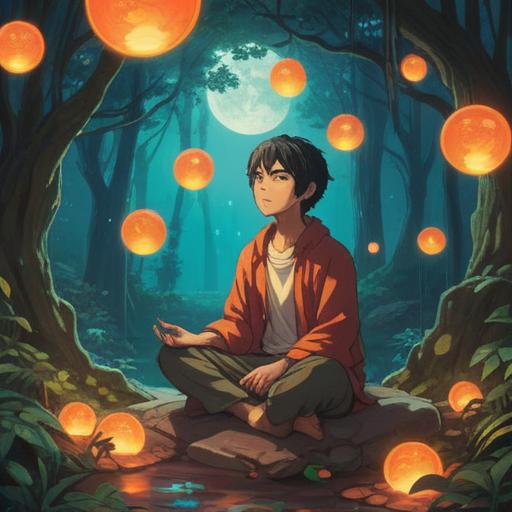 A serene and uplifting scene depicting a person meditating in a tranquil natural setting, surrounded by glowing orbs of light representing spiritual energy, vibrant foliage, soft rays of sunlight filtering through trees, a clear blue sky, peace and harmony, reflective facial expression, ethereal atmosphere, 4k