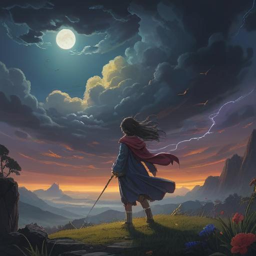 A mysterious and atmospheric digital artwork, dark clouds gathering, ethereal light shining through, symbols and iconography representing spiritual signs, a figure looking up with a cautious expression, surrounded by shadows, eerie yet captivating ambiance, intricate details in the background, conveying a sense of foreboding, 4k