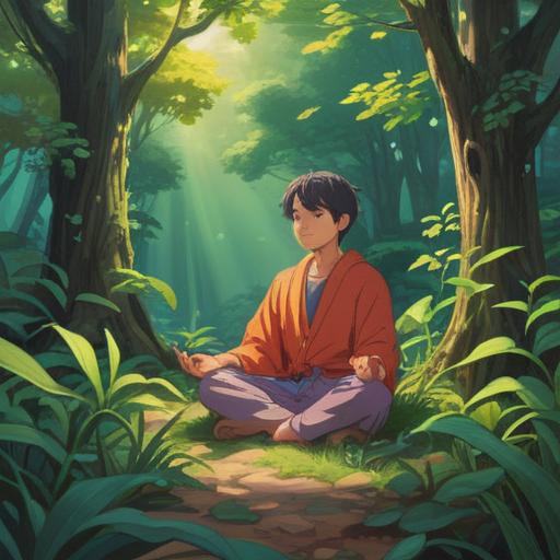 A serene illustration depicting a person meditating in a tranquil nature setting, lush greenery surrounding, gentle sunlight filtering through the trees, vibrant flowers blooming around, a calm lake reflecting the sky, sense of peace and introspection, symbols of personal growth and mindfulness, harmonious atmosphere, 4k