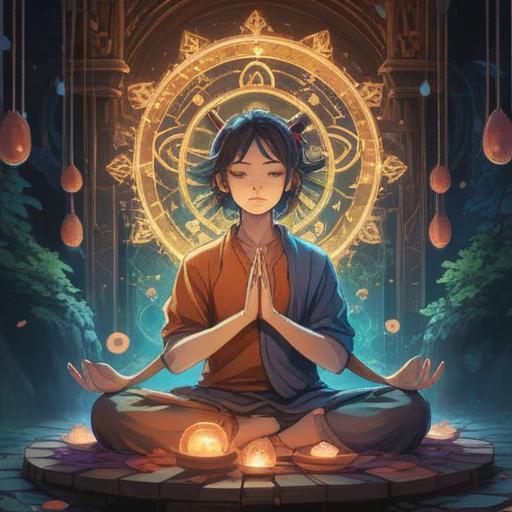 A serene and mystical illustration, depicting a person meditating with their left eye glowing softly, surrounded by ethereal symbols and light, calm nature scenery in the background, gentle colors and shimmering effects, a sense of spiritual awakening and intuition, dreamy atmosphere, 4k