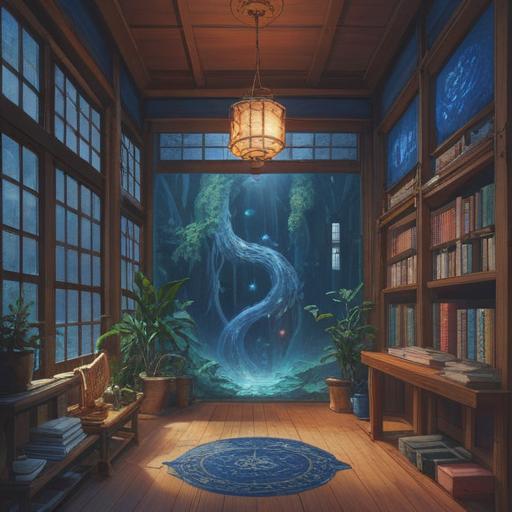 A serene scene depicting traditional indigo dyeing, symbolic representations of spirituality, intricate patterns reminiscent of nature, ethereal light illuminating the workspace, artisans engaged in the dyeing process, tranquil atmosphere, harmony with nature, cultural significance, craftsmanship, vivid indigo hues