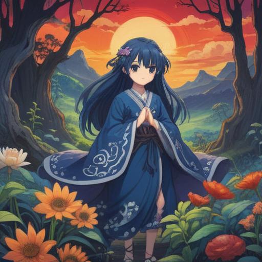 A captivating illustration of indigo dyeing, traditional techniques displayed, spiritual symbols subtly woven into the fabric, serene atmosphere, mindful artisans at work, rich textures and deep blues, magical essence of craftsmanship, 4k