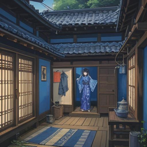 A serene and inspiring scene showcasing indigo dyeing techniques, artisans dyeing fabrics with rich blue hues, traditional Japanese craft workshop, vibrant indigo colors, intricate patterns on fabric, natural materials and tools, warm and inviting atmosphere, cultural heritage, attention to detail, 4k