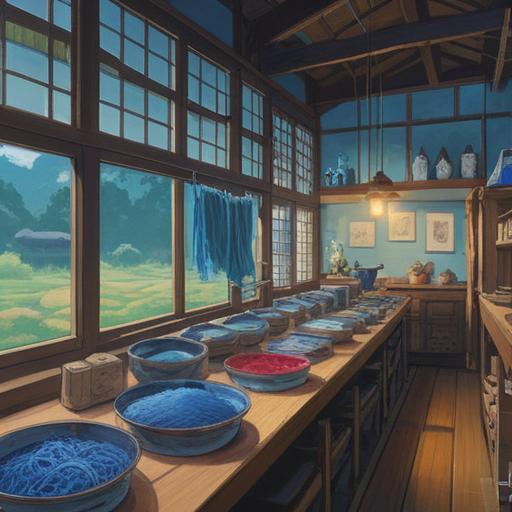 A serene and inviting scene of a Japanese artisan workshop, showcasing the art of indigo dyeing (藍染), traditional indigo textiles hanging in the background, a craftsman carefully dyeing fabric in a large vat, vibrant shades of blue and natural materials, a cozy, inspiring atmosphere, elements of Japanese culture and craftsmanship, soft light illuminating the workspace, 4k