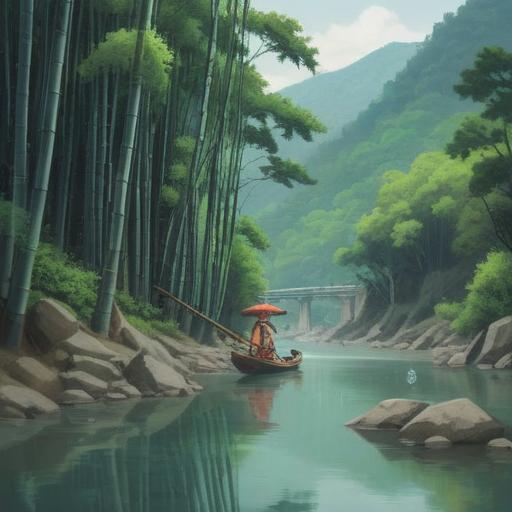 A serene landscape of Arashiyama, lush green forests, ancient bamboo groves, tranquil river flowing, misty mountains in the background, peaceful atmosphere, reflections on the water, vibrant autumn leaves, a lone temple surrounded by nature, harmonious connection between humans and nature, 4k