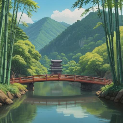 A serene landscape of Arashiyama, Japan, lush greenery and bamboo groves, gentle river flowing, a traveler observing sacred symbols, ethereal light filtering through the trees, peaceful and meditative atmosphere, elements of spirituality represented in nature, guidance from the spiritual realm, 4k