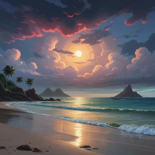 A serene landscape before the storm, calm sea reflecting dark clouds, sense of impending change, mystical aura, soft light breaking through, vibrant colors contrasting with the dark sky, a lone tree standing tall, whispers of the wind, peaceful yet charged atmosphere, 4k