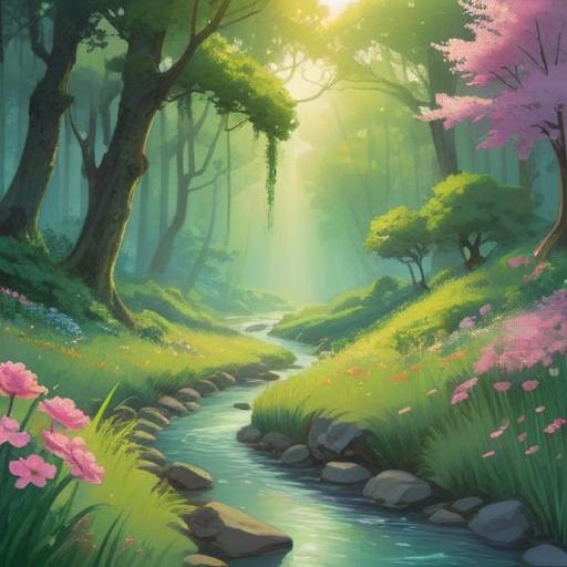 A serene landscape depicting tranquility and spiritual signs, soft pastel hues, a gentle stream flowing through lush green meadows, ethereal light filtering through trees, symbols of peace and hope scattered throughout, a tranquil sunset casting warm tones, calming presence, rich natural details, inviting atmosphere, 4k