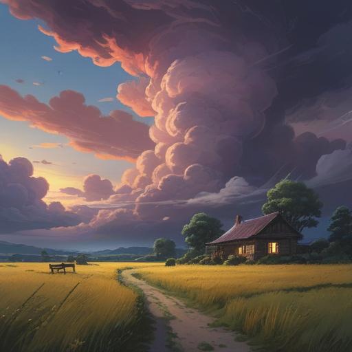A tranquil scene before the storm, ominous clouds gathering in the distance, an ethereal glow illuminating the landscape, a sense of foreboding in the air, silhouettes of trees swaying gently, the stillness broken by distant rumblings, a spiritual aura enveloping the environment, intricate details in the sky, vivid color contrasts, a feeling of anticipation, 4k