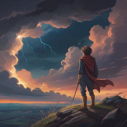 A serene landscape with dark storm clouds gathering, a lone figure standing on a hilltop, observing a powerful lightning strike illuminating the sky, spiritual energy radiating from the scene, a sense of awe and respect for nature's forces, vibrant colors contrasting with the dark sky, an atmosphere of reflection and connection with the universe, detailed nature elements, 4k