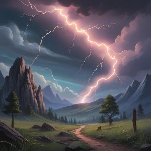A dramatic illustration of a lightning strike illuminating a serene landscape, ethereal glow, spiritual energy radiating from the bolt, tranquil atmosphere, nature reborn after the storm, vibrant colors, symbols of good fortune and awakening, dynamic movement, 4k